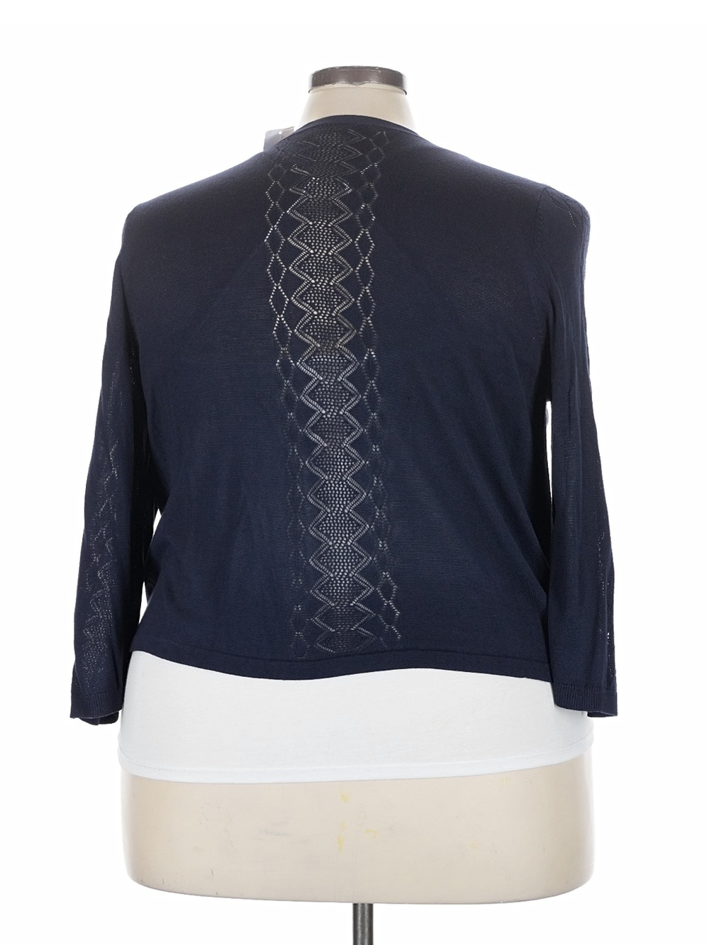 CJ Banks Navy Open-Front Cardigan with Lace-Detail Sleeves - Picture 3 of 9